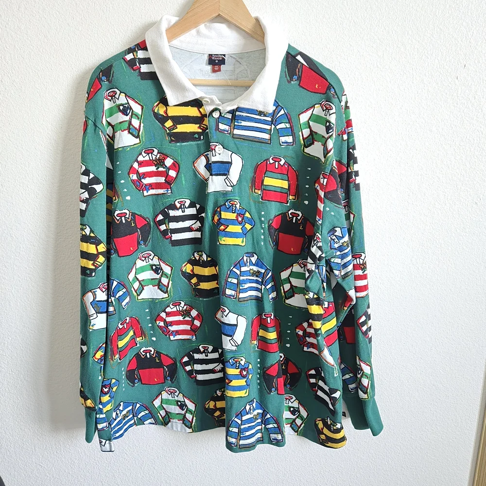 Rowing Blazers Rugby All Over Print Green Polo Shirt Top Size 2XL